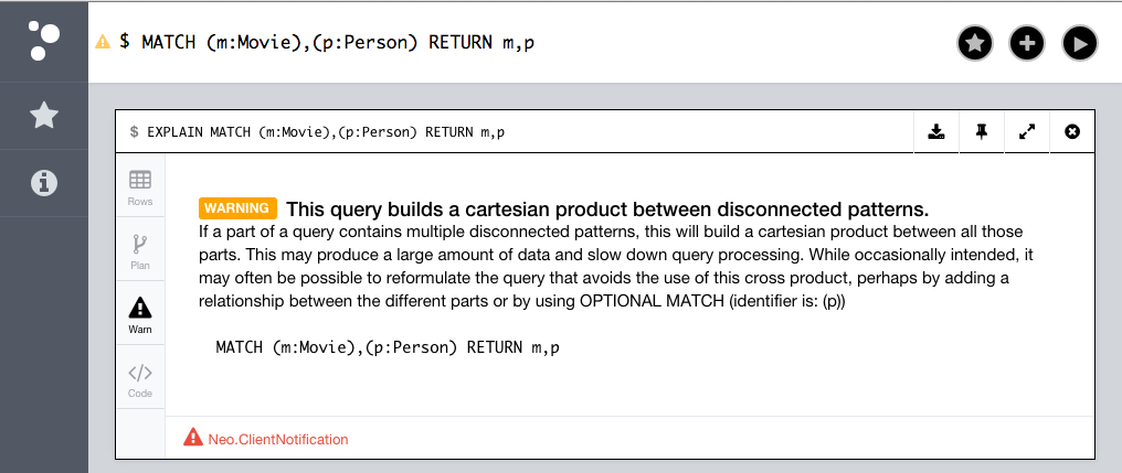 An Example of a Cartesian Product Warning in the Neo4j Browser